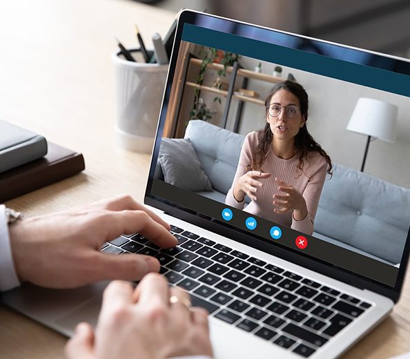 Screen computer view focused woman holding business negotiations video call. Computer screem image